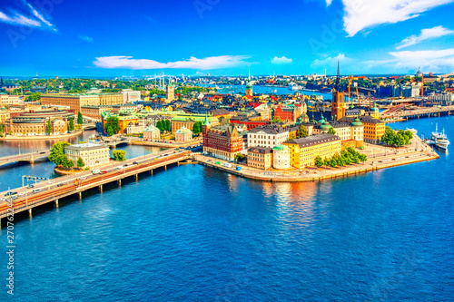 Beautiful aerial view of Stockholm Old town Gamla Stan from the City Hall Stadshuset. Beautiful summer sunny day in Stockholm, Sweden.