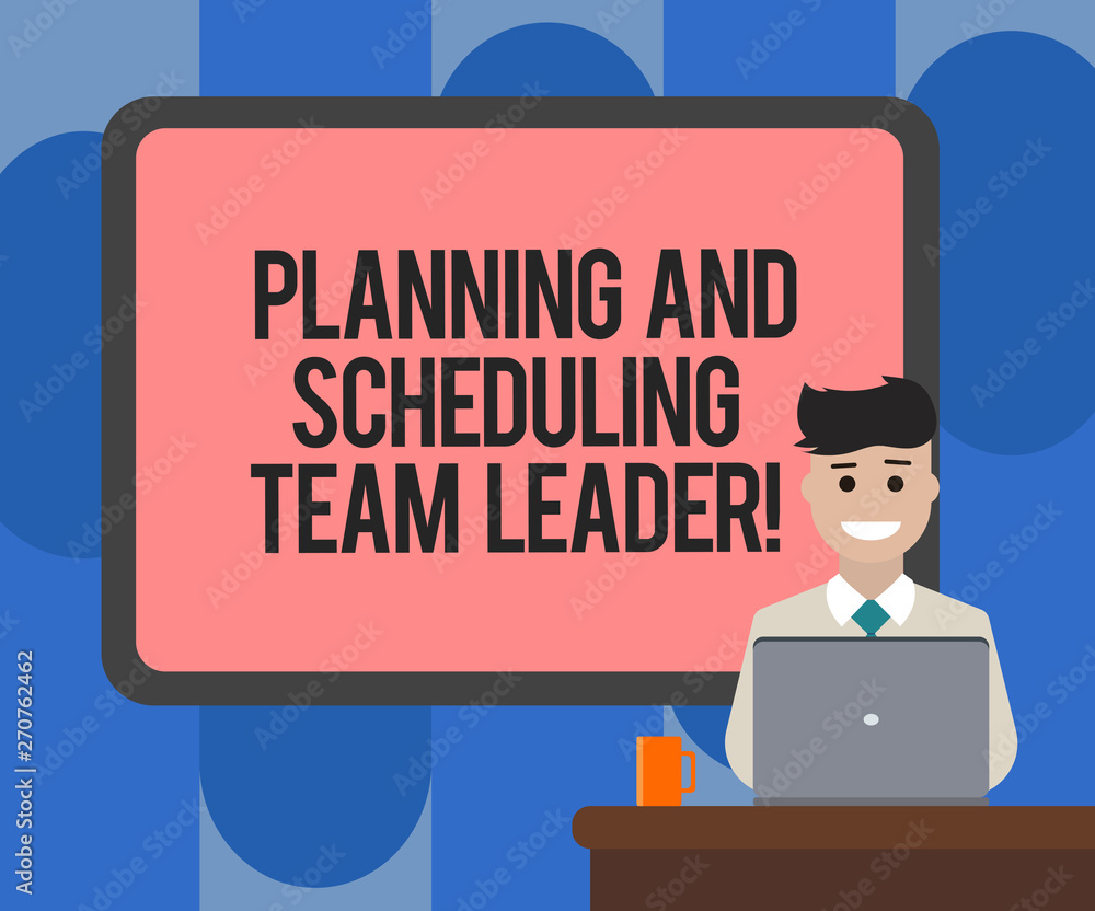 Handwriting text writing Planning And Scheduling Team Leader. Concept meaning Project analysisagement business leadership Blank Bordered Board behind Man Sitting Smiling with Laptop Mug on Desk Handwriting text writing Planning And Scheduling Team Leader. Concept meaning Project analysisagement business leadership Blank Bordered Board behind Man Sitting Smiling with Laptop Mug on Desk