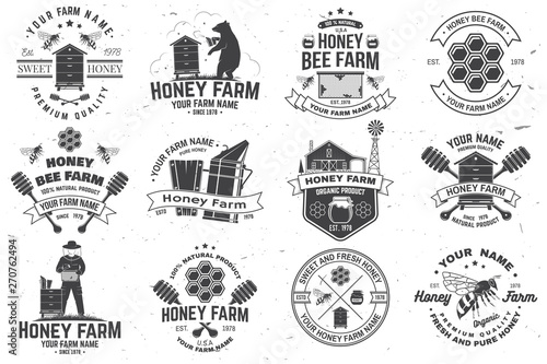 Set of Honey bee farm badge. Vector. Concept for print, stamp or tee. Vintage typography design with bee, honeycomb piece, hive and honey dipper silhouette. Design for honey bee farm business