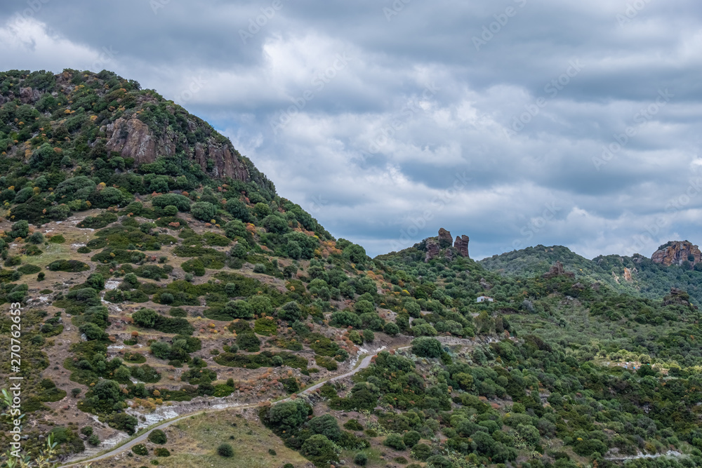 Mountain ranges surrounding Bosa, province of Oristano, a picturesque village of ancient origins, Sardinia, Italy.