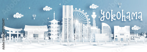 Panorama view of Yokohama city skyline with world famous landmarks of Japan in paper cut style vector illustration.