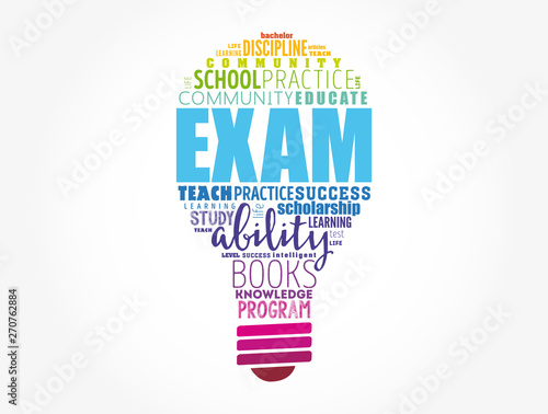 EXAM light bulb word cloud, education concept background