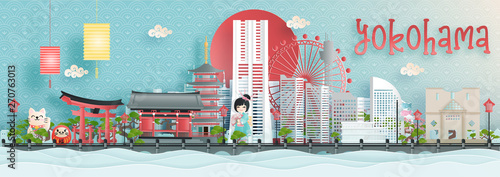 Panorama view of Yokohama city skyline with world famous landmarks of Japan in paper cut style vector illustration.