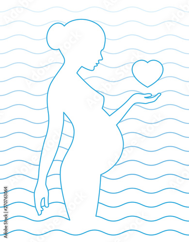 Silhouette of pregnant woman with heart in waves. White background.