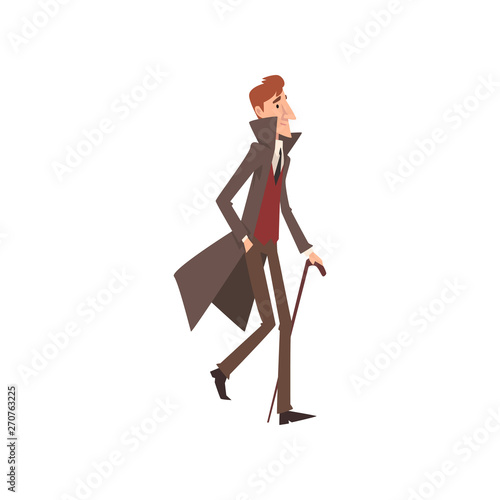 Elegant Victorian Gentleman Cartoon Character Walking with Cane Vector Illustration
