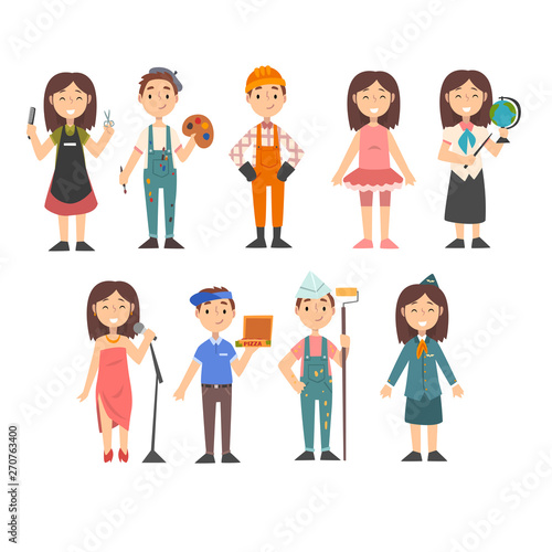 Kids of Various Professions Set, Hairdresser, Painter, Construction Worker, Dancer, Teacher, Singer, Pizza Delivery Boy, Artist, Stewardess, Kids Dreaming of Future Profession Vector Illustration
