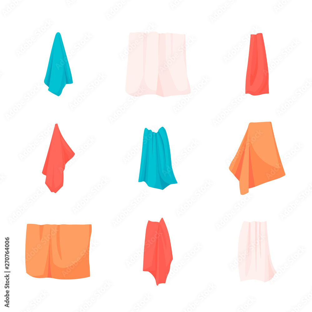 Collection of hand and bath fabric towels rolled, hanging on rail or ring, lying in stack. Bundle of design elements isolated on white background. Colorful vector illustration in realistic style. Collection of hand and bath fabric towels rolled, hanging on rail or ring, lying in stack. Bundle of design elements isolated on white background. Colorful vector illustration in realistic style.