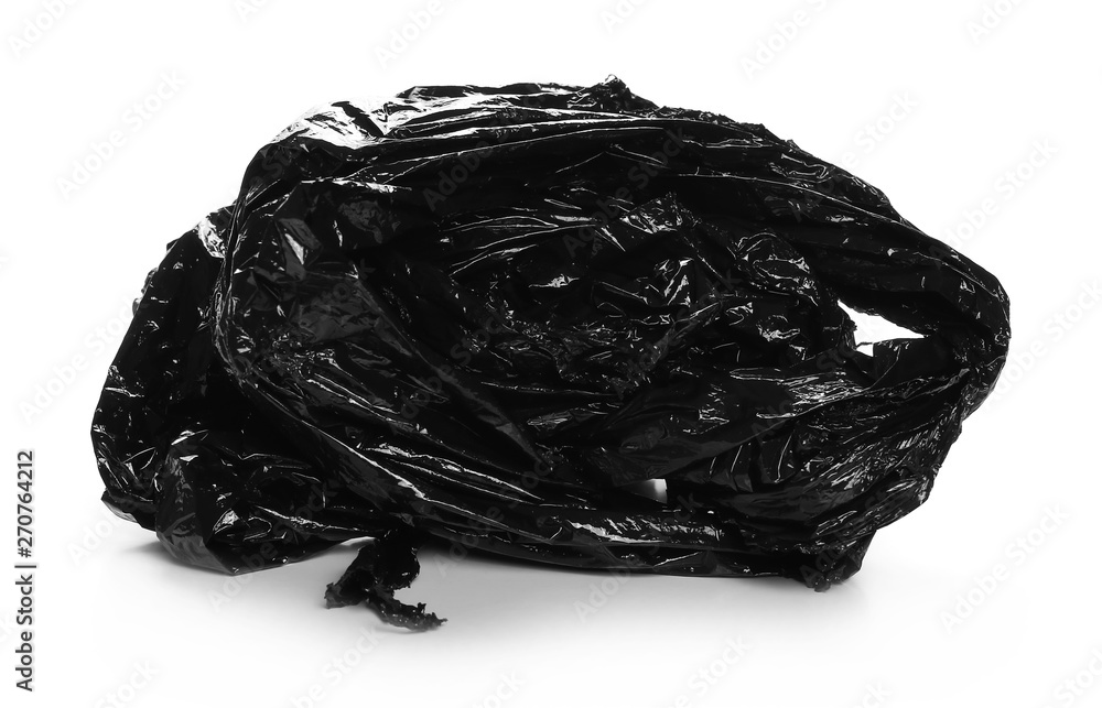 Crumpled black plastic garbage bag, ball isolated on white background
