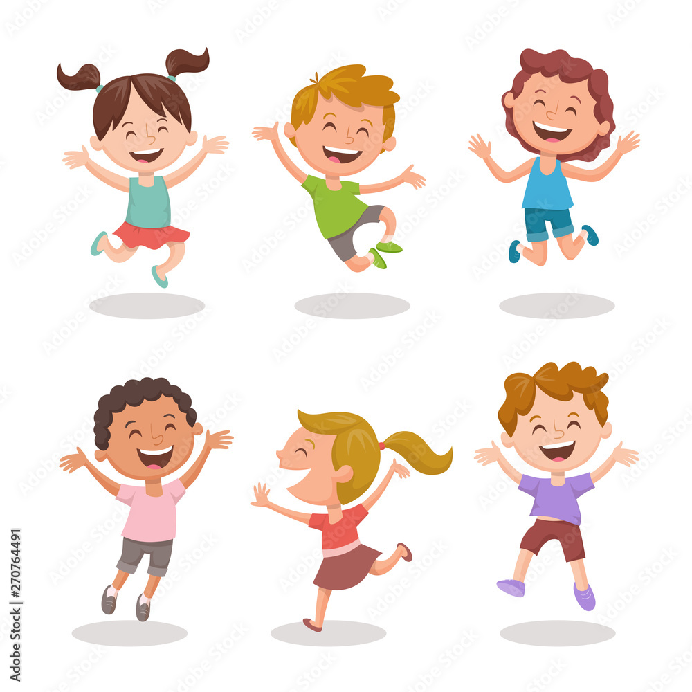 Happy multiracial kids joyfully jumping and laughing. Cartoon character design, isolated on white background. Set 1 of 3. Happy multiracial kids joyfully jumping and laughing. Cartoon character design, isolated on white background. Set 1 of 3.