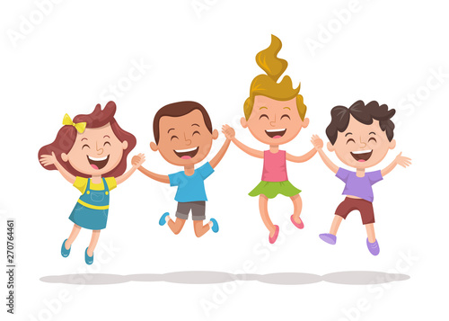 Happy multiracial kids jumping and laughing. Group of kids holding their hands. Happiness, friedship and fun concept.