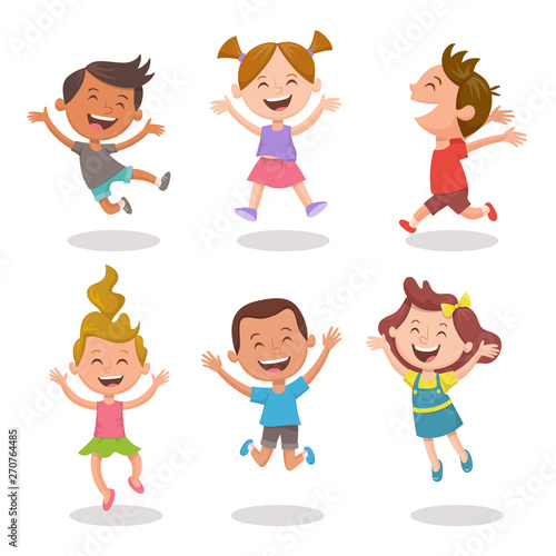 Happy multiracial kids joyfully jumping and laughing. Cartoon character design, isolated on white background. Set 2 of 3.
