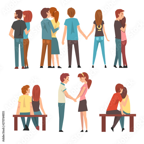 Happy Romantic Couples Set, Young Men and Beautiful Women on Dates, Happy Lovers Characters Walking Together, Hugging, Holding Hands Vector Illustration