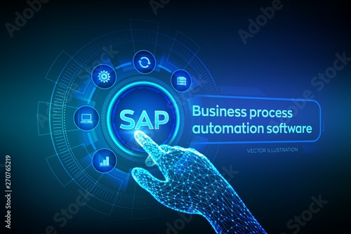 SAP Business process automation software. ERP enterprise resources planning system concept on virtual screen. Wireframed robotic hand touching digital graph interface. AI. Vector illustration.