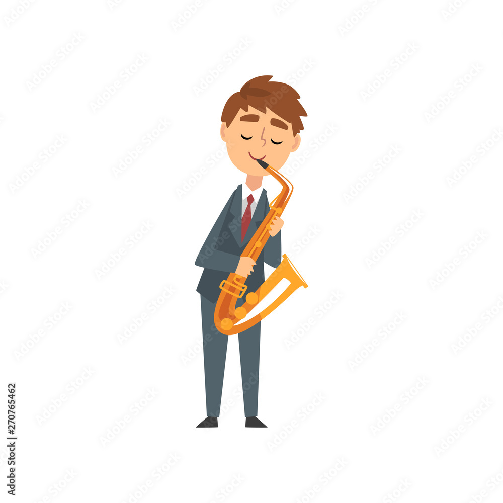 Boy Playing Saxophone, Talented Young Saxophonist Character Playing Acoustic Musical Instrument, Concert of Classical Music Vector Illustration