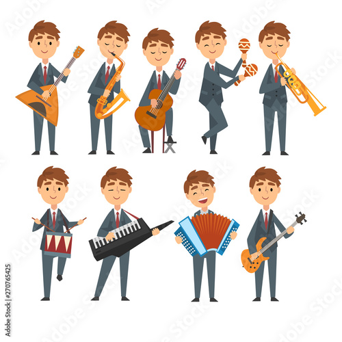 Musicians Boys Playing Different Musical Instruments Set, Talented Children Characters Playing Balalaika, Saxophone, Guitar, Maracas, Drum, Synthesizer, Trumpet, Accordion Vector Illustration