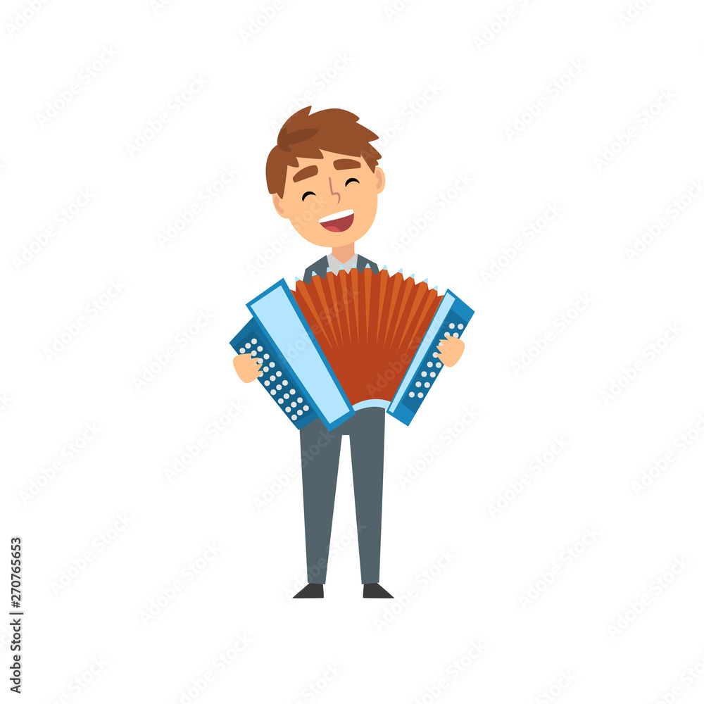 Boy Playing Accordion, Talented Young Accordionist Character Playing Acoustic Musical Instrument at Concert Vector Illustration Boy Playing Accordion, Talented Young Accordionist Character Playing Acoustic Musical Instrument at Concert Vector Illustration