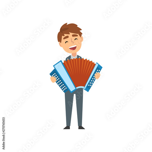 Boy Playing Accordion, Talented Young Accordionist Character Playing Acoustic Musical Instrument at Concert Vector Illustration