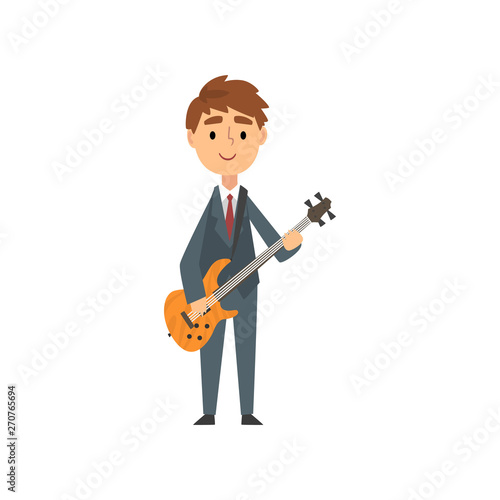 Boy Playing Electric Guitar, Talented Young Musician Character Playing String Musical Instrument Vector Illustration