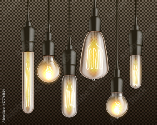 Different shapes and forms retro incandescent light bulbs with heated wire filament hanging from above in black lamp holders 3d realistic vector set isolated on transparent background. Vintage lamps
