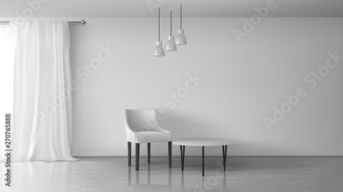 Home living room, apartment, house hall realistic vector sunny interior template. Chair and coffee table near empty white wall, glossy laminate on floor, long white curtain on window rod illustration