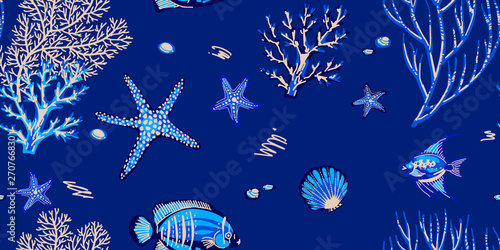 Sea seamless pattern with corals, starfishes and tropical fishes