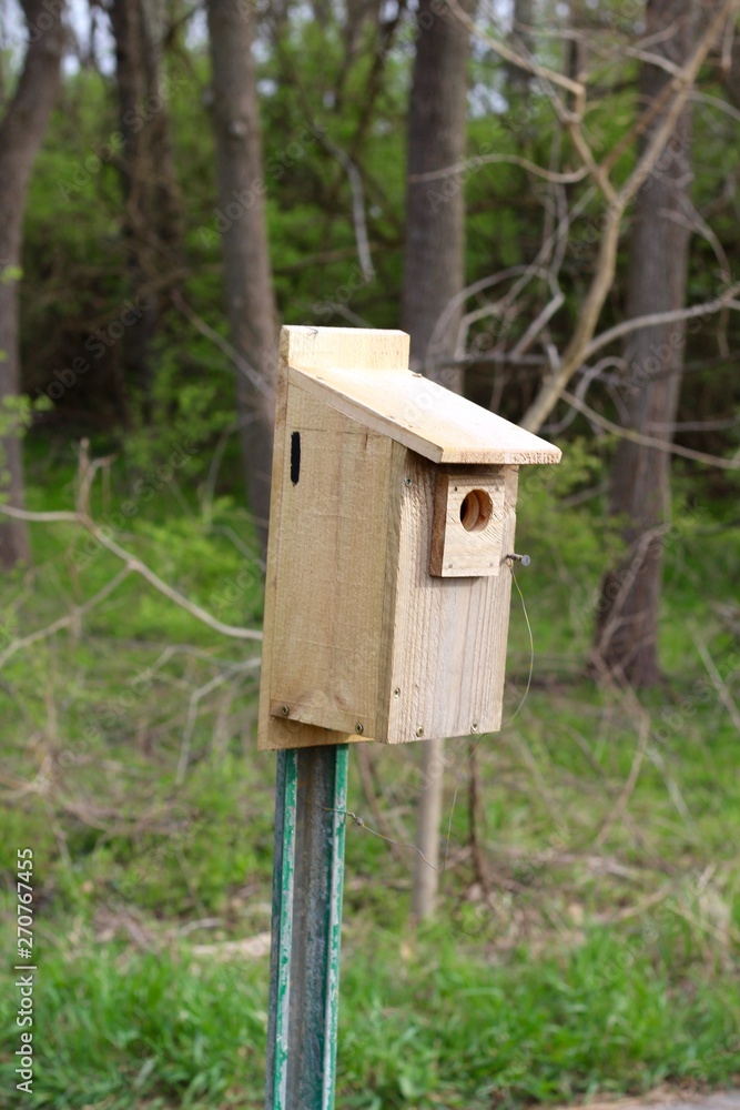 A close view of the old wood birdhouse on a pole. A close view of the old wood birdhouse on a pole.