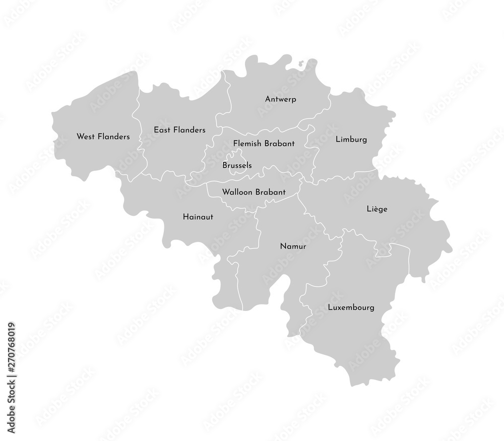 Vector isolated illustration of simplified administrative map of Belgium. Borders and names of the provinces (regions). Grey silhouettes. White outline