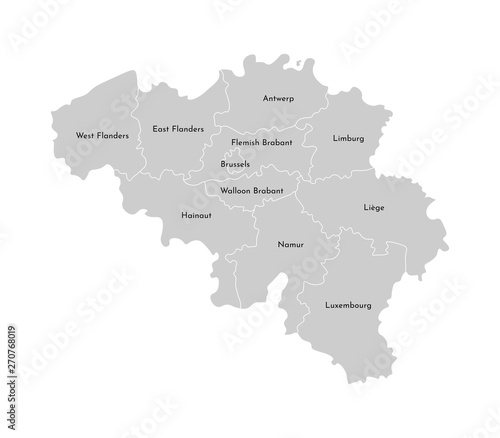 Vector isolated illustration of simplified administrative map of Belgium. Borders and names of the provinces  regions . Grey silhouettes. White outline