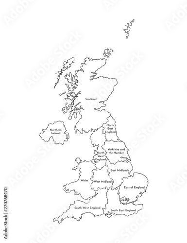 Vector isolated illustration of simplified administrative map of the United Kingdom of Great Britain and Northern Ireland. Borders and names of the regions. Black line silhouettes