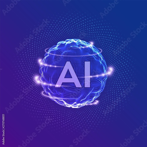 AI. Artificial Intelligence Logo. Artificial Intelligence and Machine Learning Concept. Sphere grid wave with binary code. Big data innovation technology. Neural networks. Vector illustration.