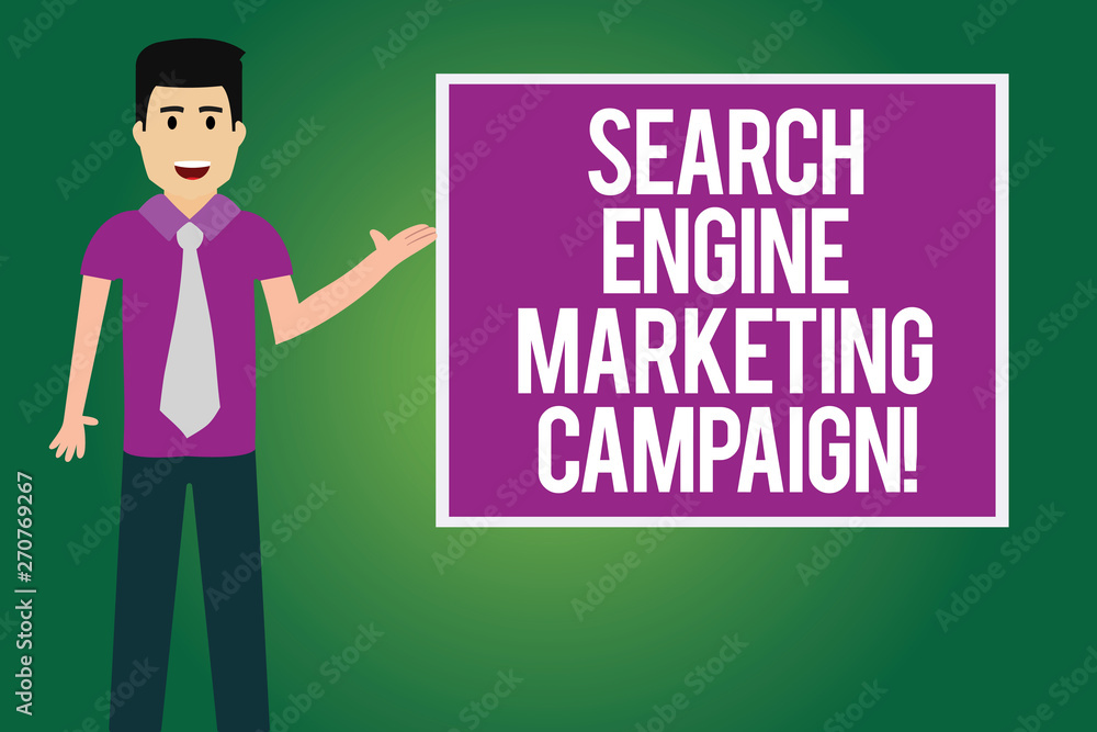 Handwriting text Search Engine Marketing Campaign. Concept meaning Advertising promotion optimization Man with Tie Standing Talking Presenting Blank Color Square Board photo Handwriting text Search Engine Marketing Campaign. Concept meaning Advertising promotion optimization Man with Tie Standing Talking Presenting Blank Color Square Board photo