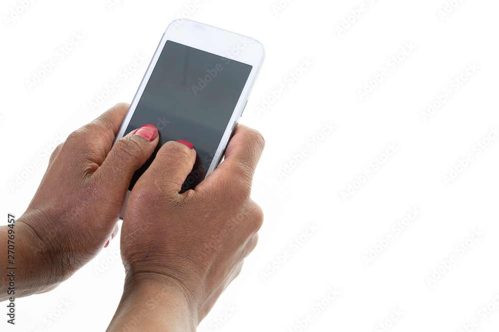 African american woman holding a tactile mobile smartphone blank empty screen in copy space white background African american woman holding a tactile mobile smartphone blank empty screen in copy space white background