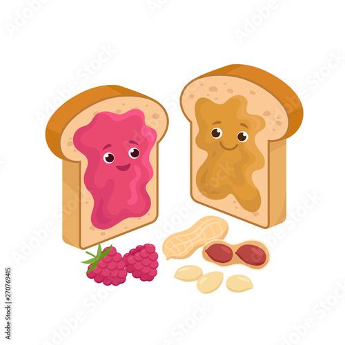 Cheerful Peanut Butter and Jelly Jam on the loaf Bread Sandwiches Cartoon characters and peanuts and raspberries isolated on white background. Vector illustration in flat design.