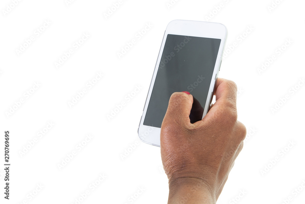 Cropped shot of black woman hands holding mobile phone with blank copy space screen for text message promotional content Cropped shot of black woman hands holding mobile phone with blank copy space screen for text message promotional content