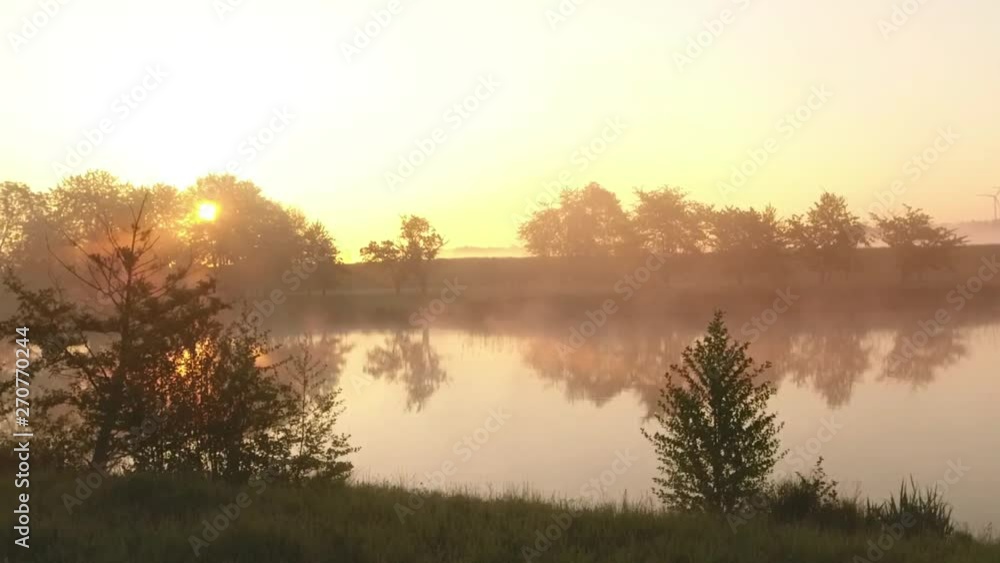 Green meadow and foggy lake and trees in the morning with sunrise Green meadow and foggy lake and trees in the morning with sunrise