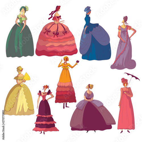 Set of images of women in old-fashioned dresses. Vector illustration on white background.