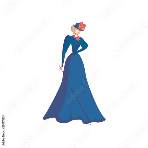 Elegant gray-haired woman in a long blue dress and hat. Vector illustration on white background.