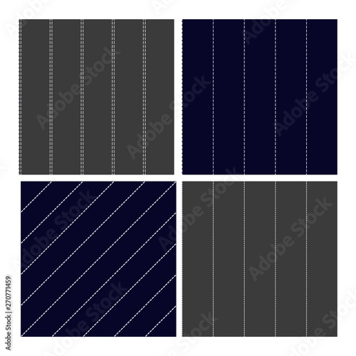 Pinstripe Collection Seamless Pattern Set Vector. Classic Different Grey, Navy Blue and White Dashed Sewing Pinstripe Fabric Textile Material For Clothing. Texture Flat Illustration