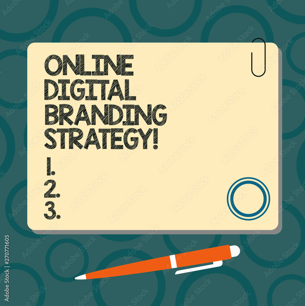 Naklejka premium Text sign showing Online Digital Branding Strategy. Conceptual photo Marketing advertising optimization strategy Blank Square Color Board with Magnet Click Ballpoint Pen Pushpin and Clip