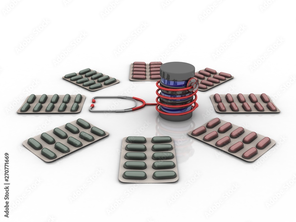 3d illustration capsule and stethoscope 3d illustration capsule and stethoscope