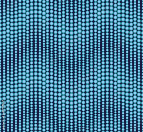 Geometric seamless pattern on dark blue background. Has the shape of a wave. Consists of circles of different sizes. Useful as design element for texture and artistic compositions.
