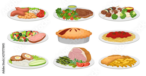 Set of images of ready meals. Vector illustration on white background.