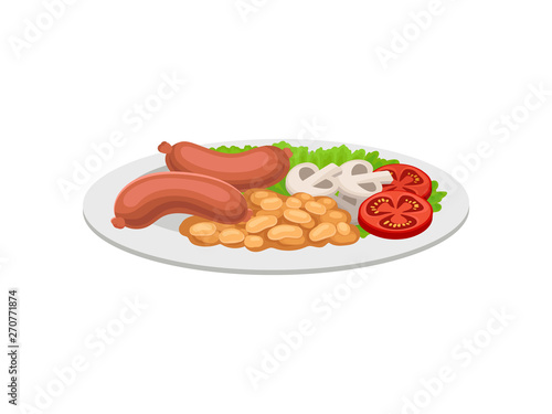Sausages with beans and vegetables on the plate. Vector illustration on white background.