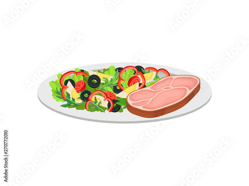 Piece of ham with a salad of vegetables and greens. Vector illustration on white background.