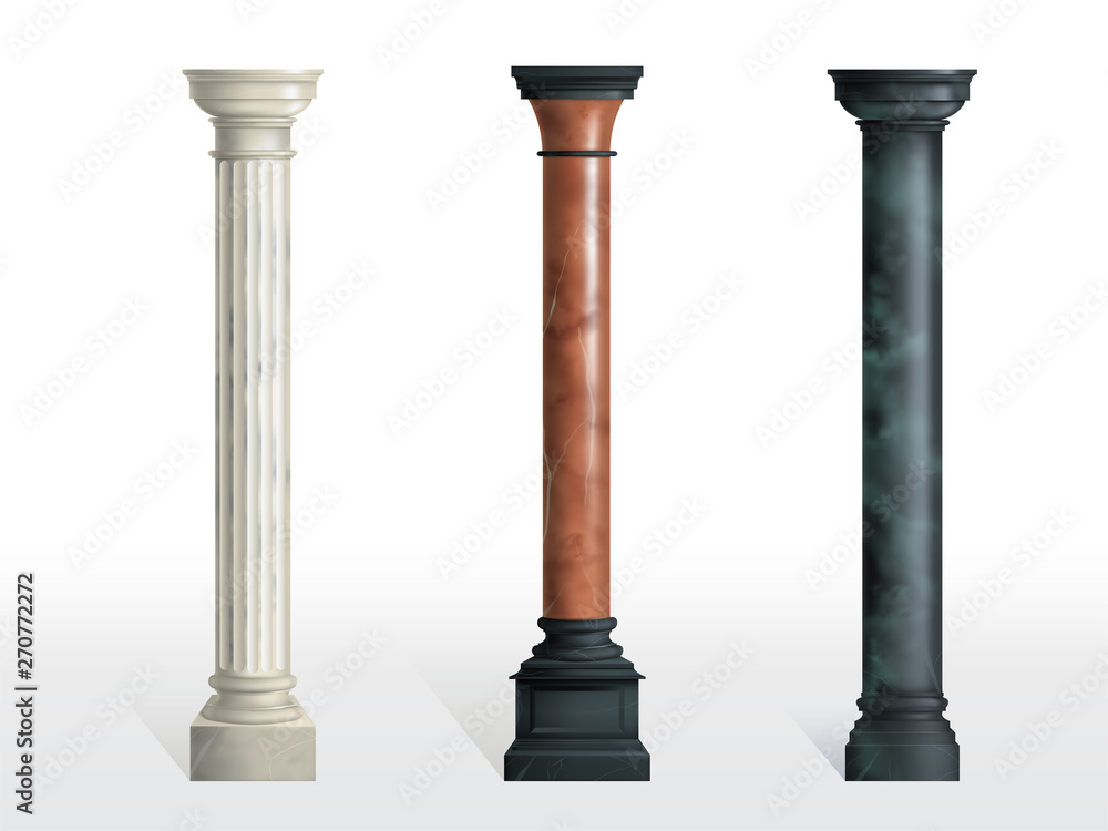 Antique cylindrical columns of white, red and black marble stone with cubical base realistic vector isolated on white background. Ancient architecture, historical or modern building exterior element Antique cylindrical columns of white, red and black marble stone with cubical base realistic vector isolated on white background. Ancient architecture, historical or modern building exterior element