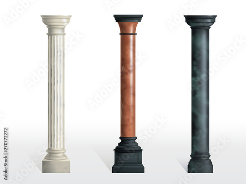 Antique cylindrical columns of white, red and black marble stone with cubical base realistic vector isolated on white background. Ancient architecture, historical or modern building exterior element