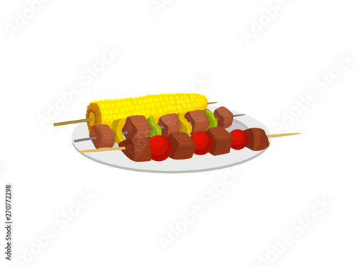 Kebab and corn on a skewer. Vector illustration on white background.