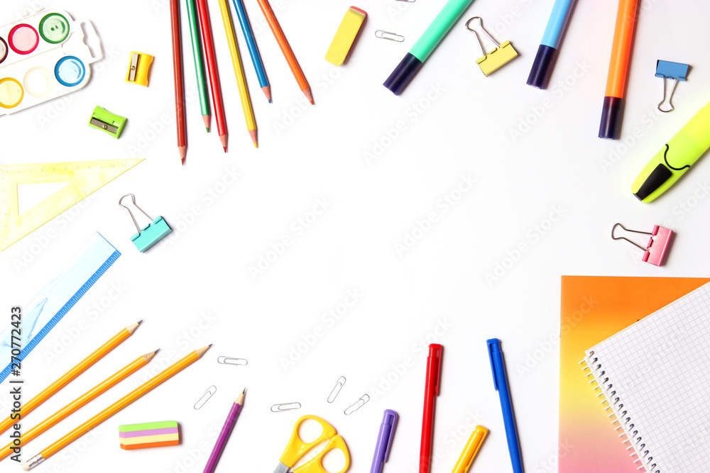 School office on a white background top view. Office office, student office. Concept back to school. place for text. - obrazy, fototapety, plakaty 