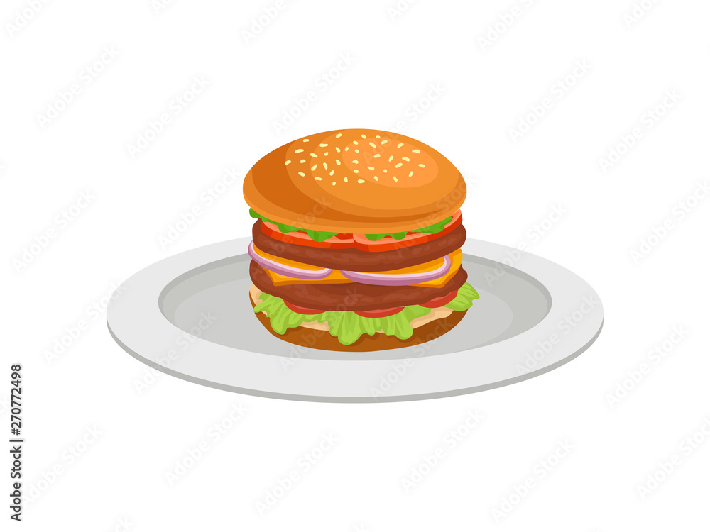 Sandwich with two meatballs, vegetables and cheese. Vector illustration on white background. Sandwich with two meatballs, vegetables and cheese. Vector illustration on white background.