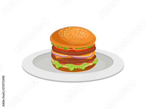 Sandwich with two meatballs, vegetables and cheese. Vector illustration on white background.